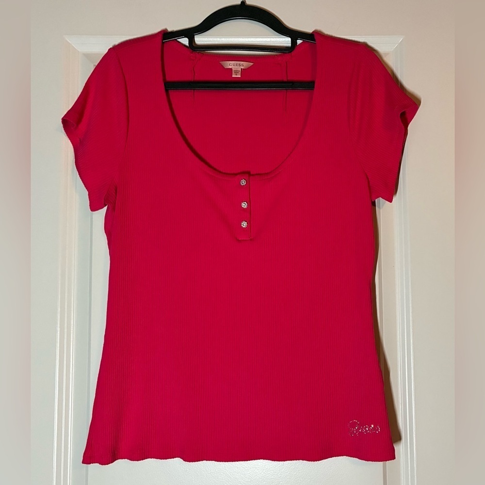 *Final Price* Guess "Karlee" Short Sleeved Jewel Button Ribbed Top in Karma Pink - Picture 2 of 7